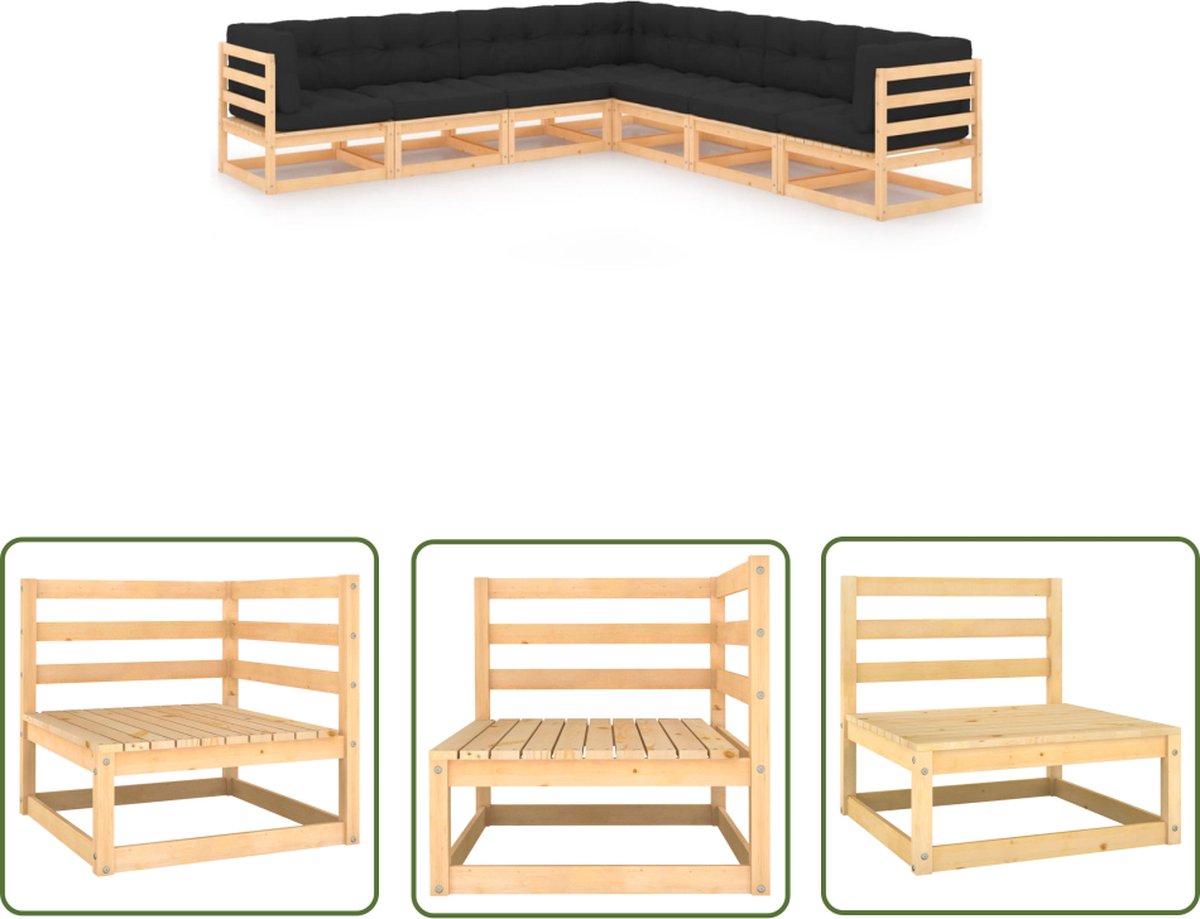 Massief grenenhouten loungeset met kussens voor tuin en buiten.