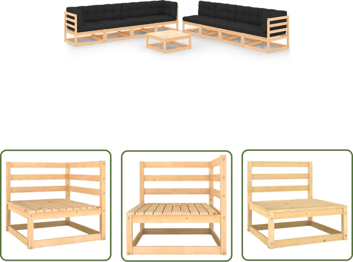 The Living Store 9-delige Loungeset met kussens massief grenenhout - Tuinset - Lounge Set - Houten Tuinset - Grenenhouten Tuinset - Loungestoel
