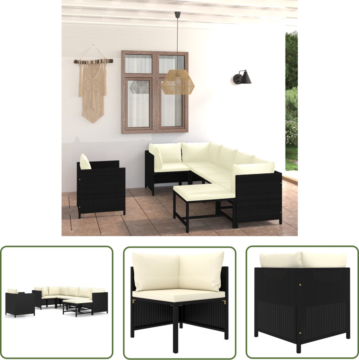 Zwarte poly rattan loungeset met kussens - Hoeken Bank en Loungestoel.