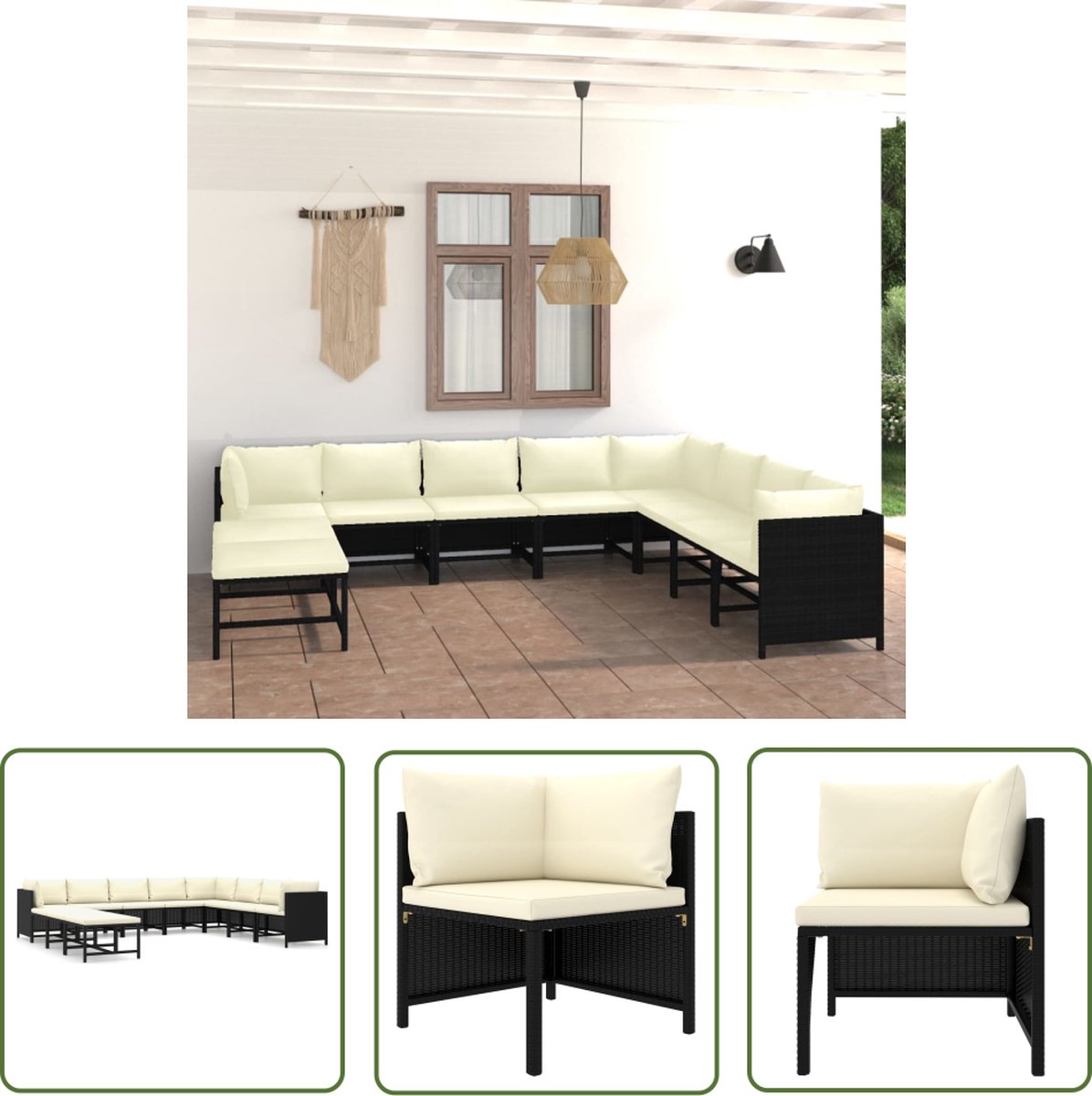 The Living Store 11-delige Loungeset met kussens poly rattan zwart - Loungestoel - Tuinset - Loungegroep - Buitendining - Garden Furniture