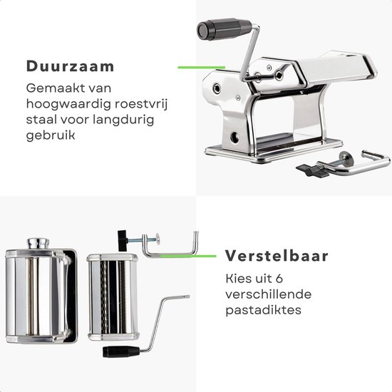 Cheqo® Pastamachine Rvs - Pastamaker - Pasta Machine - Maker - Pastamachines - Verstelbare Spaghetti Maker - Zelfgemaakte Pasta - 21.5x21.5x15 cm - Met Tafelgreep van Cheqo — afbeelding 4