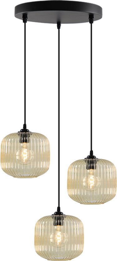 Olucia Charlois - Lampe suspendue rétro - 3L - Aluminium/ Glas - Ambre ; Zwart - Rond - 30 cm