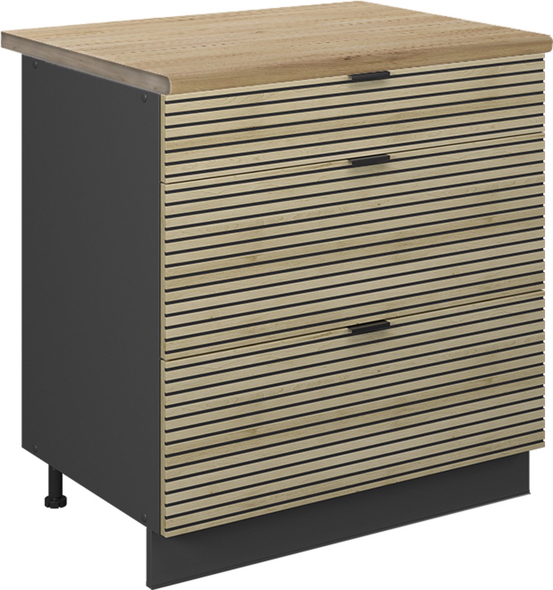 Vicco Fame-Line Keukenonderkast – 80 cm met 3 laden, WB Eik Eiken paneel Eiken paneel/Antraciet