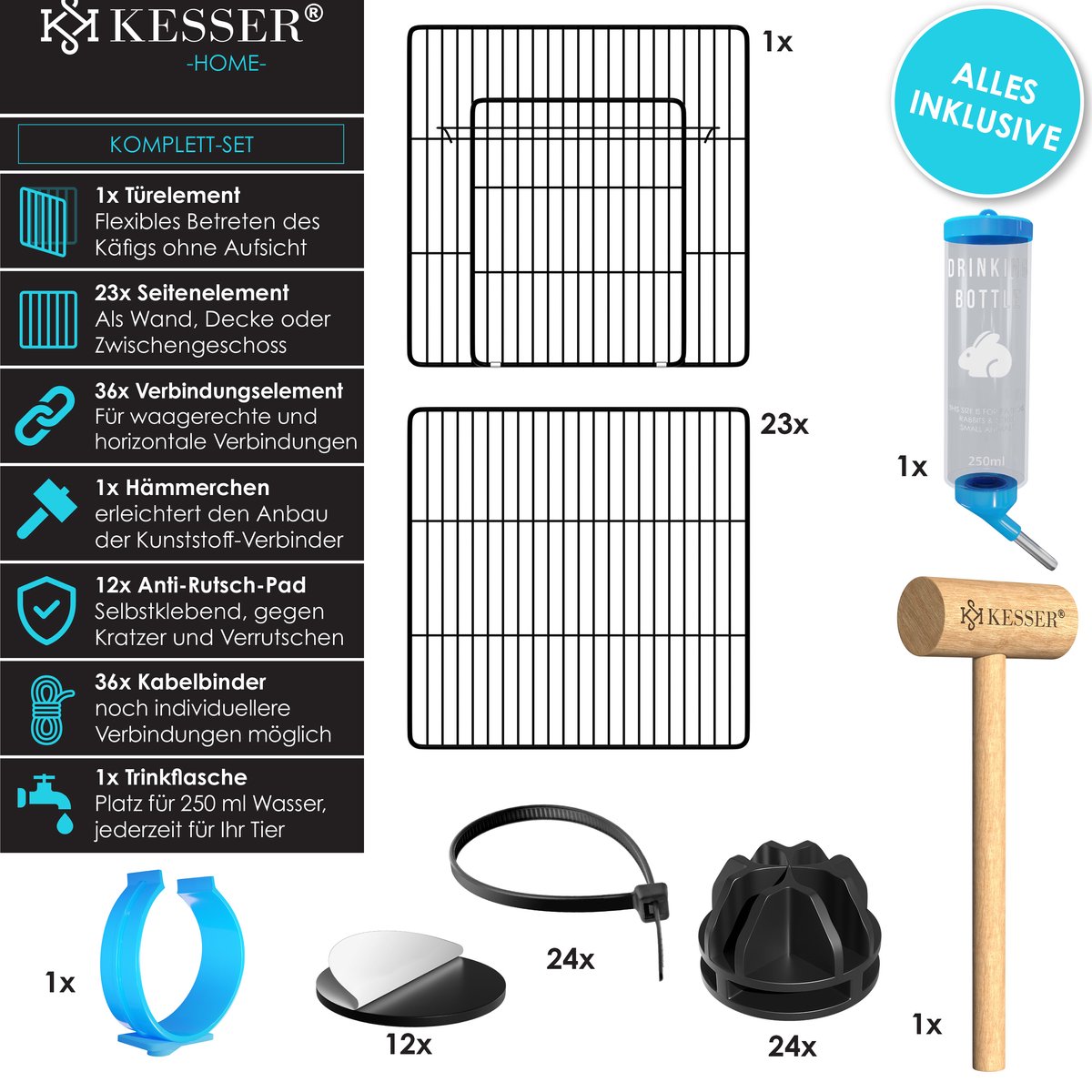 KESSER® Konijnenren - Konijnenhok - 36x216x216 cm - Binnen & Buiten - Zwart thumbnail 5