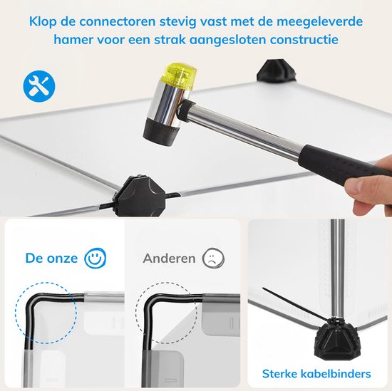 Detailfoto's van de montage van de ren met een hamer, vergrendelingsmechanisme en kabelbinders.