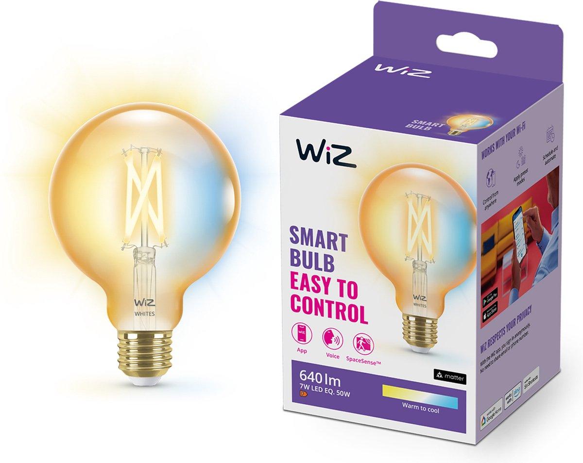Bol.com WiZ Filament Lamp Globe - Warm- tot Koelwit Licht - Slimme LED Verlichting - E27 fitting - 50W - Goud - Wi-Fi - Kleine b... aanbieding