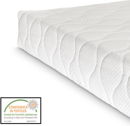 Close-up van een witte matras met geweven patroon en Oeko-Tex label.