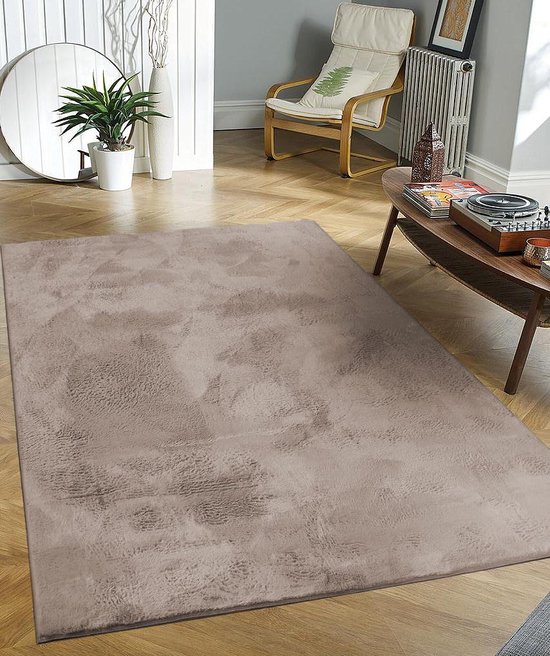 Tapis Flycarpets Amalfi Taupe - Poils longs lavable Moelleux et doux - 200x290 cm