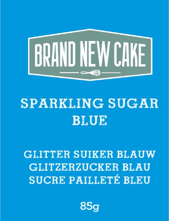 Blauwe verpakking met 'Brand New Cake Sparkling Sugar Blue Glitter Suiker Blauw'. 85g.