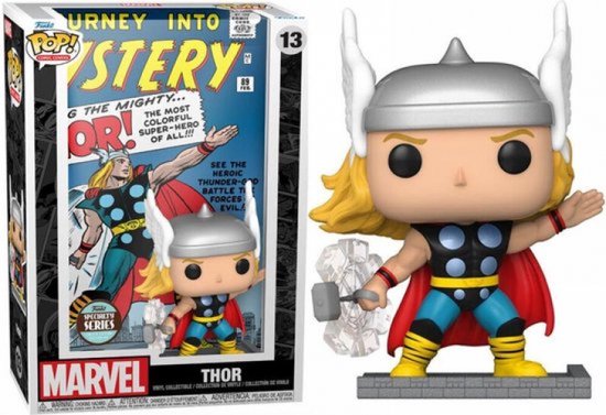 Funko Pop van Thor naast zijn verpakking met de klassieke comic cover van Journey Into Mystery #89.