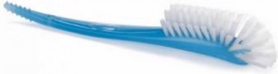Brosse bleue pour biberon aux poils blancs avec manche courbé.
