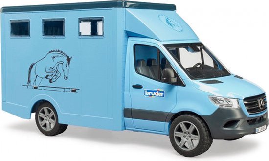 Lichtblauwe Bruder paardenwagen met een afbeelding van een springend paard.