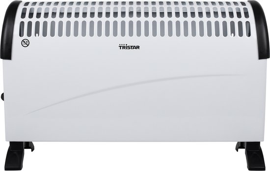 Witte Tristar convector kachel met zwarte accenten, ventilatierooster en twee zwarte pootjes.