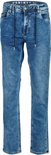 Blauwe jeans met lichte wassing, een koord in de tailleband en een broekspijp tot aan de enkel.