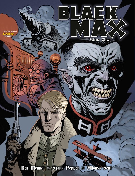 Stripboekcover 'Black Max Volume Three' met een monsterlijke figuur met rode ogen, een man met een pistool en een rood vliegtuig.