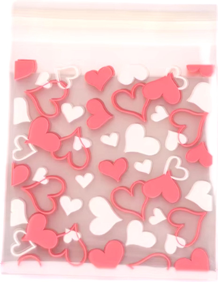 Scoby - 100x Uitdeelzakjes 13x10cm - Traktatiezakjes - Snoepzakjes - Roze/Witte Hartjes