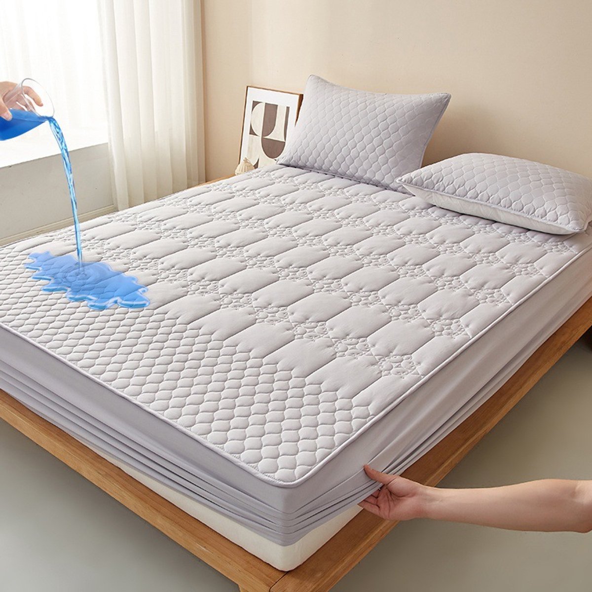 Matrashoes + 2 kussenslopen, TPU-laag voor waterdicht en ademend gebruik, geschikt voor matrassen tot 28 cm dik,Ruit - Grijs,150*200cm+kussensloop 48*74cm