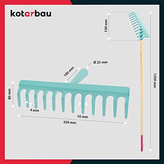 KOTARBAU® Tuinhark, Bladhark, Staal, 32 cm, Turquoise, met Houten Steel, 135 cm, 12 Tanden, voor Gazon, Stevige Hark, Metalen Hark, Ergonomisch Tuingereedschap van Merkloos	 — afbeelding 3