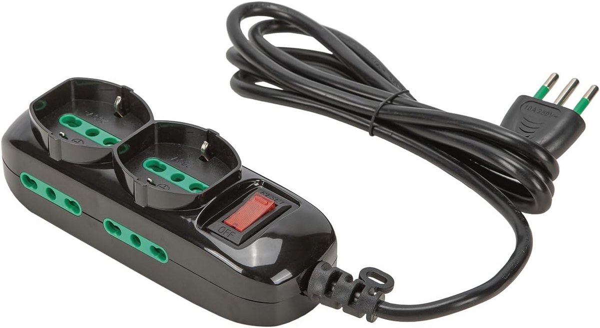 Zwarte Meervoudige Contactdoos met Hoekstekker en Veiligheidsschakelaar - 1.5m Kabel