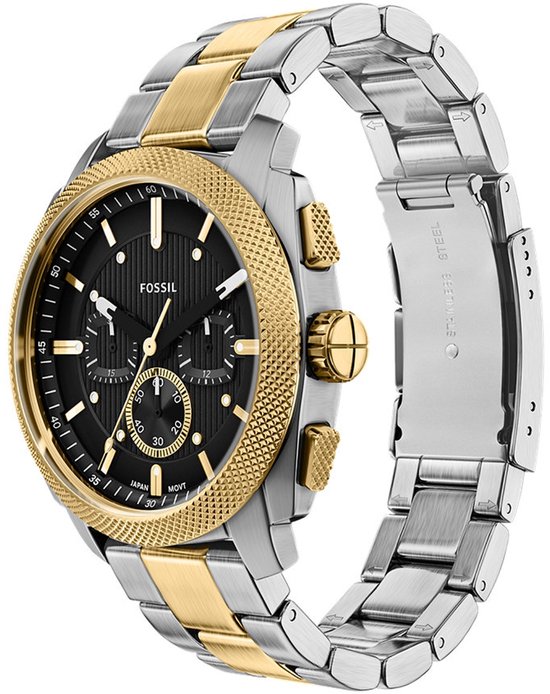 Gouden en zilverkleurig Fossil horloge met zwarte wijzerplaat.