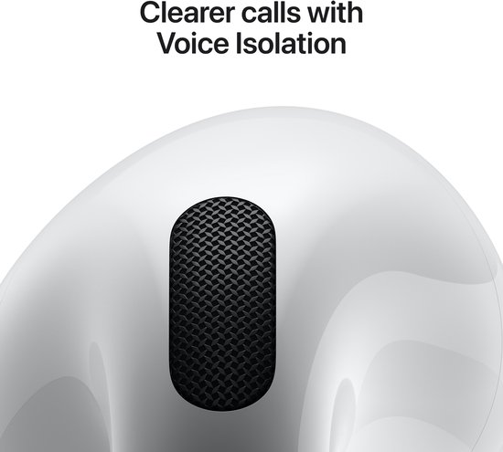 Gros plan d'un écouteur blanc avec un détail de maille noire. Appels plus clairs avec isolation vocale.