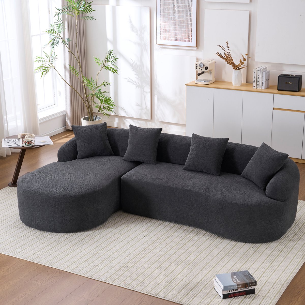 OKWISH Hoekbank 243 Cm - Modulair Met Gebogen Longchair - Zonder Montage Voor Woonkamer - Chenille - Donkergrijs