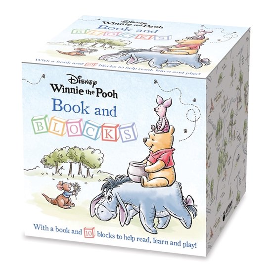 Boîte avec Winnie l'Ourson, Porcinet et Tigrou debout sur Bourriquet. Avec le texte 'Winnie the Pooh Book and Blocks'.