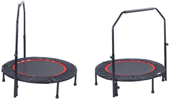 Twee zwarte trampolines met rode rand en verstelbare handgrepen, op witte achtergrond.
