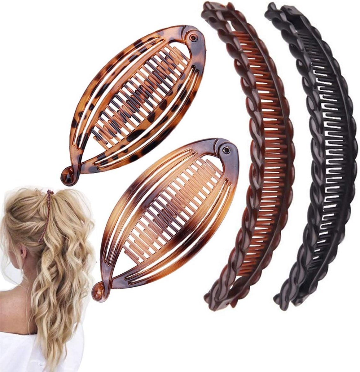 4 Stuks Banaan Haarspelden voor Dik & Krullend Haar - Vintage Haarklemmen met Kammen