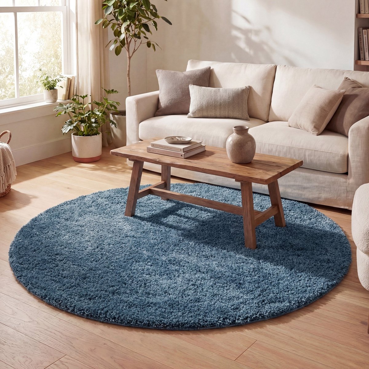 NATURL. Rond hoogpolig vloerkleed - Lofty Blauw | Haal kleur in huis! - Ø 150cm