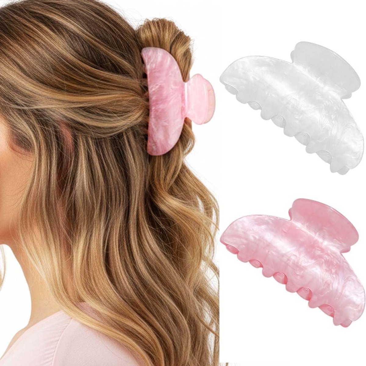 Set van 2 Middelgrote Acryl Haarspeld Haarclips – Roze en Wit voor Dames