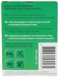 Groene achterkant van de verpakking met tekst over eigenschappen in vier talen. Iconen voor slapen, vliegen, studeren, ontspannen. Streepjescode.