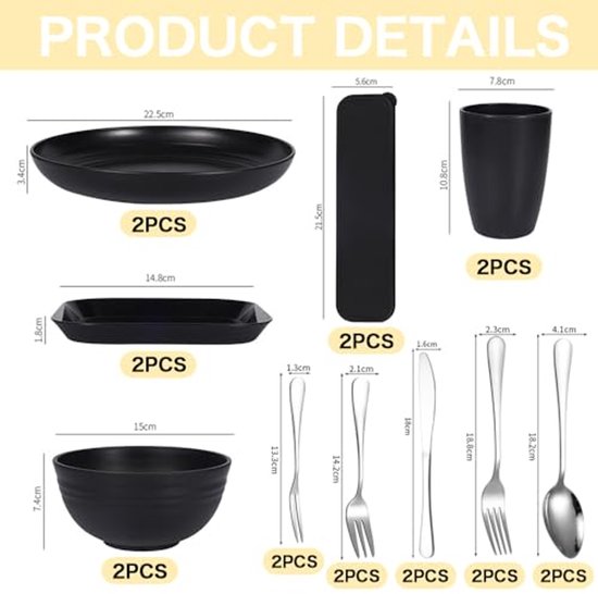 Ultiluxe® Camping Servies Set - 20 Stuks - Picknick Servies - Kampeerbestek Set - 2 Personen - Outdoor Servies - Herbruikbaar - Onbreekbaar - Zwart van Merkloos — afbeelding 2