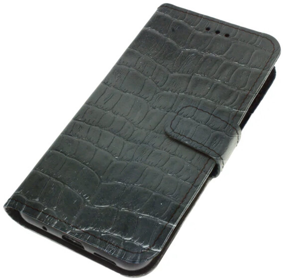 Echt leer hoesje geschikt voor Samsung Galaxy S26 Stug kalfsleer – subtiel croco reliëf Zwart