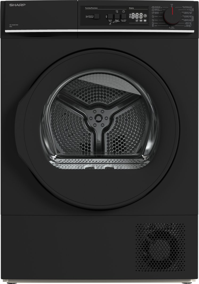 Sharp KDNA8S6BCBE - warmtepomp droger - 8 kg - energie label C - 15 programma's - LED trommelverlichting - links en rechts draaiend - mat zwart