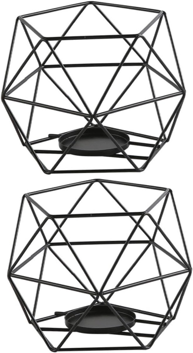 Theelichthouders Set - Kaarsenstandaards Decoratie - Tafeldecoratie Sfeer - Geometrisch Metaal Design - 12x10cm - Zwart