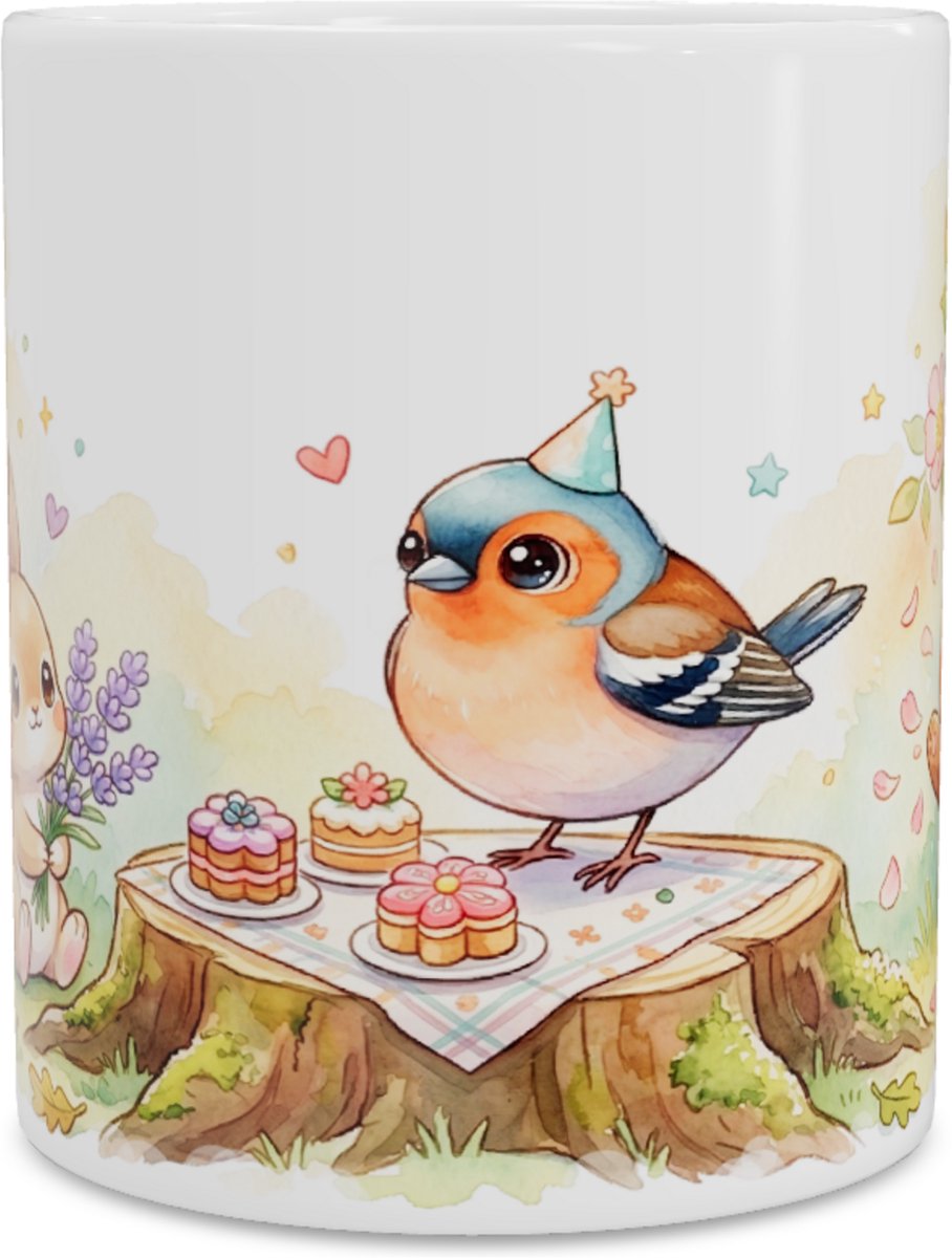 Lieve Vink Mok met Feestende Dieren, Konijn, Beer en Taartjes - Kawaii Series - Feestelijke Koffiemok Theebeker Verjaardag Cadeau voor haar: Vrouw, Vriendin of Collega - Vrolijke Beker voor op Kantoor of Thuis - Schattige Print