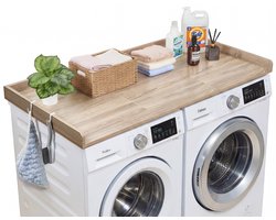 VEVOR Werkblad voor Wasmachine en Droger (137 X 69,9 cm) met Opstaande Rand en Haken, voor Organisatie en Opbergruimte In Linnenkast, voorraadkast Of Keukenblad, Draagvermogen 113 Kg, Eikenlook