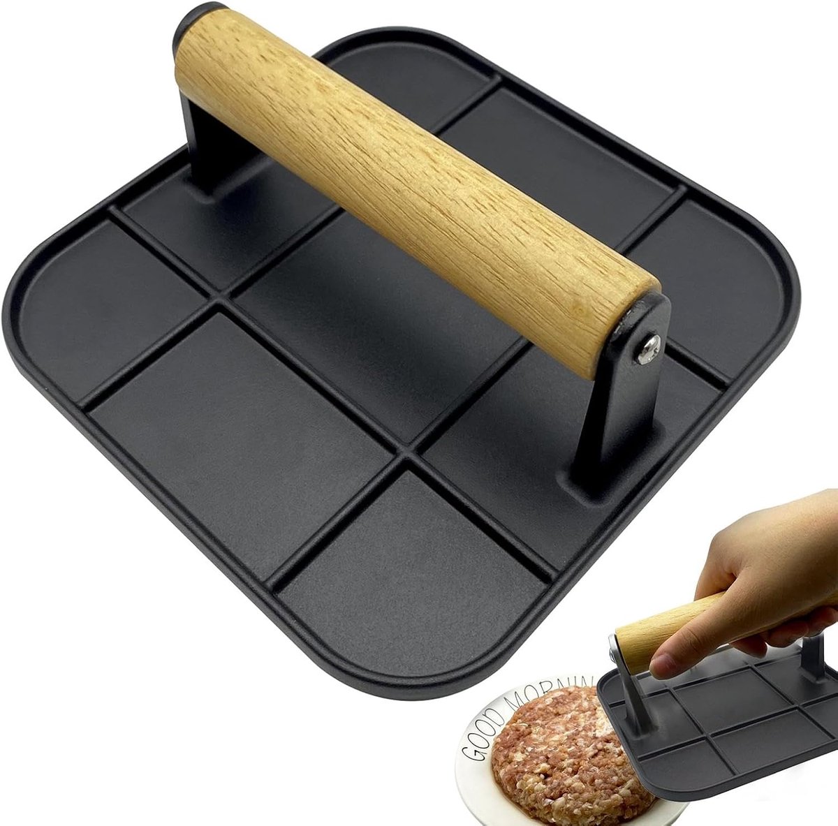 Gietijzeren Burgerpers - Grillplaat Grillpers - Perfecte Burgers Maken - Antislip Handvat - 16 cm Rond