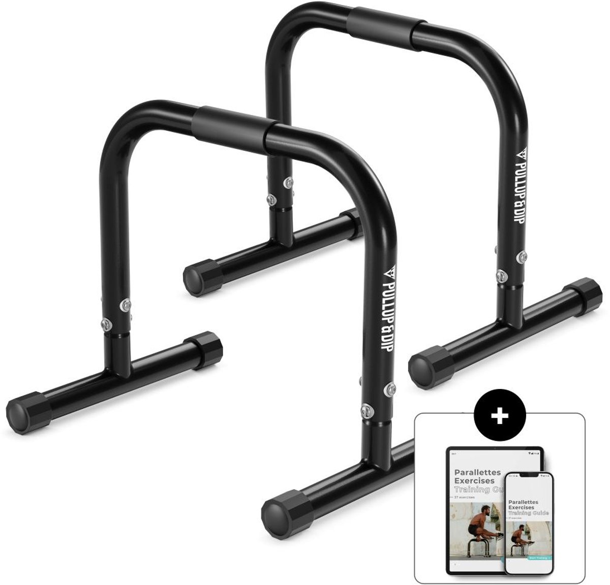 PULLUP & DIP Steel - Fitness Parallettes - 50 cm Lengte - Aanpasbare Rubberen Pads - Inclusief 37 Oefeningen eBook