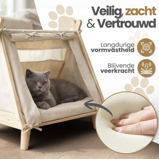 Beige dieren tent met een grijze kat, een close-up toont het zachte kussen. "Veilig, zacht & vertrouwd" en "Langdurige vormvastheid".