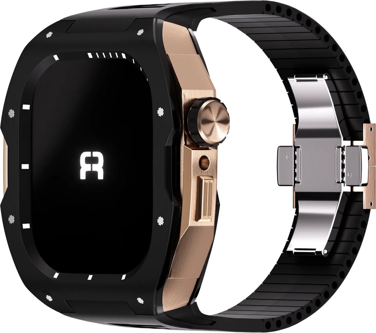 Reqior Case met rubberen bandje Rubber – geschikt voor Apple Watch 7 45mm / Apple Watch 8 45mm / Apple Watch 9 45mm – stevig, comfortabel – Zwart & Rose Gold