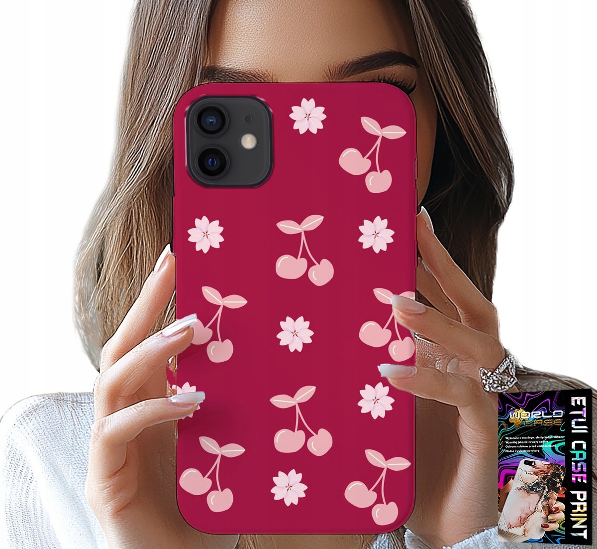 iPhone 12 hoesje - Kersen, kersen op een bordeauxrode achtergrond + filmpje