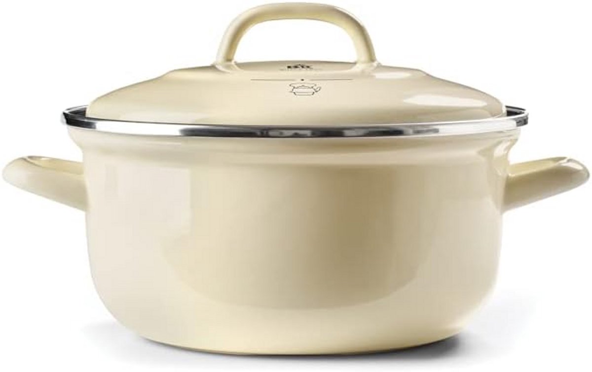 Ronde Geëmailleerde Braadpan met Deksel 20cm Inductie Ovenbestendig Crème