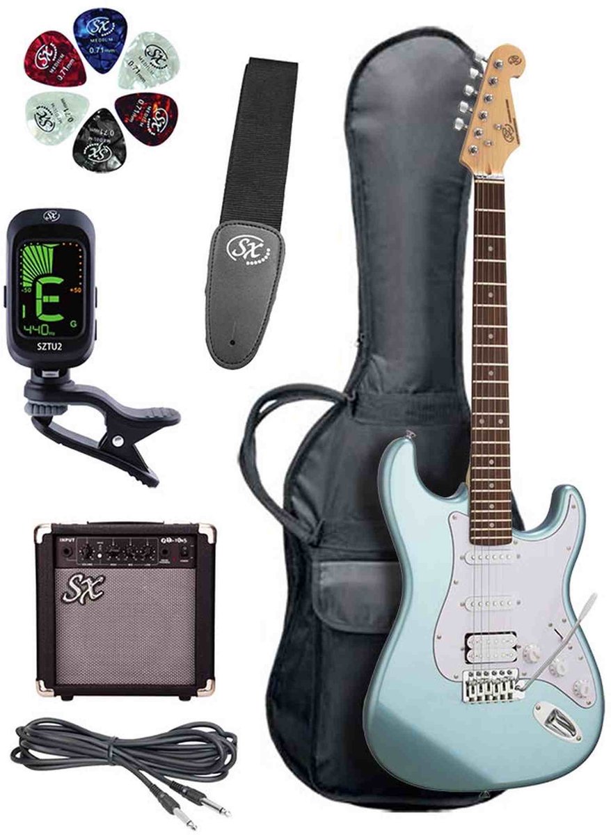 SX SE1HSS-SK-MIB ST elektrische gitaar set 4/4 HSS Ice Blue met 10W versterker