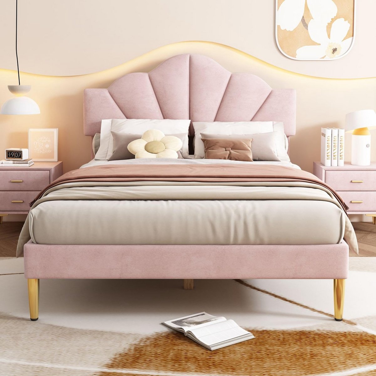 Luxe Gestoffeerd Tweepersoonsbed Fluweel 140 x 190 cm met Schelp Hoofdeinde en Gouden Poten