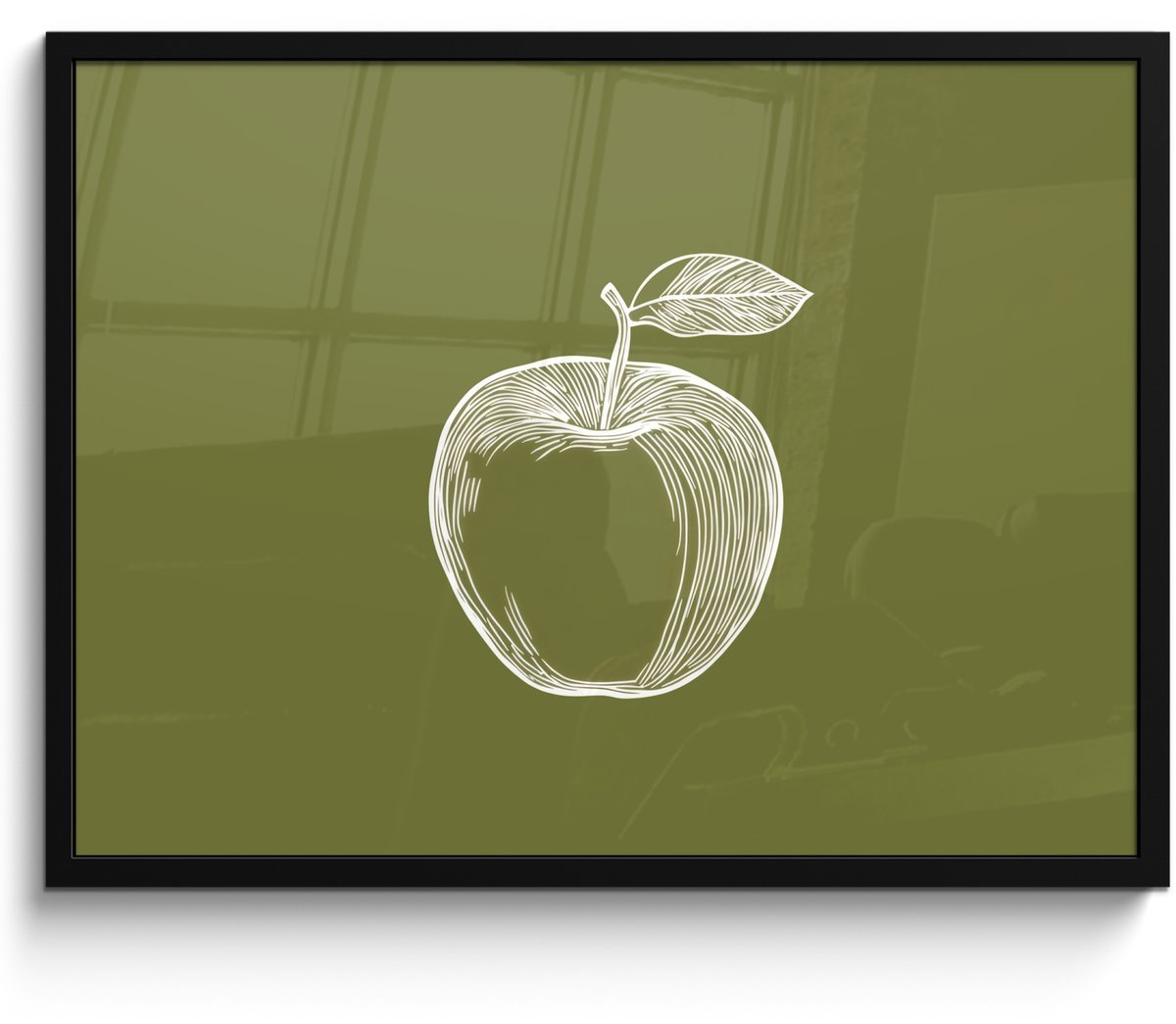 FrameYourWall Poster in lijst - Fotolijst 70x50 cm - Posters - Lijntekening - Appel - Olijfgroen - Blaadje - Posterlijst zwart - Decoratie - Wanddecoratie woonkamer - Muurdecoratie slaapkamer