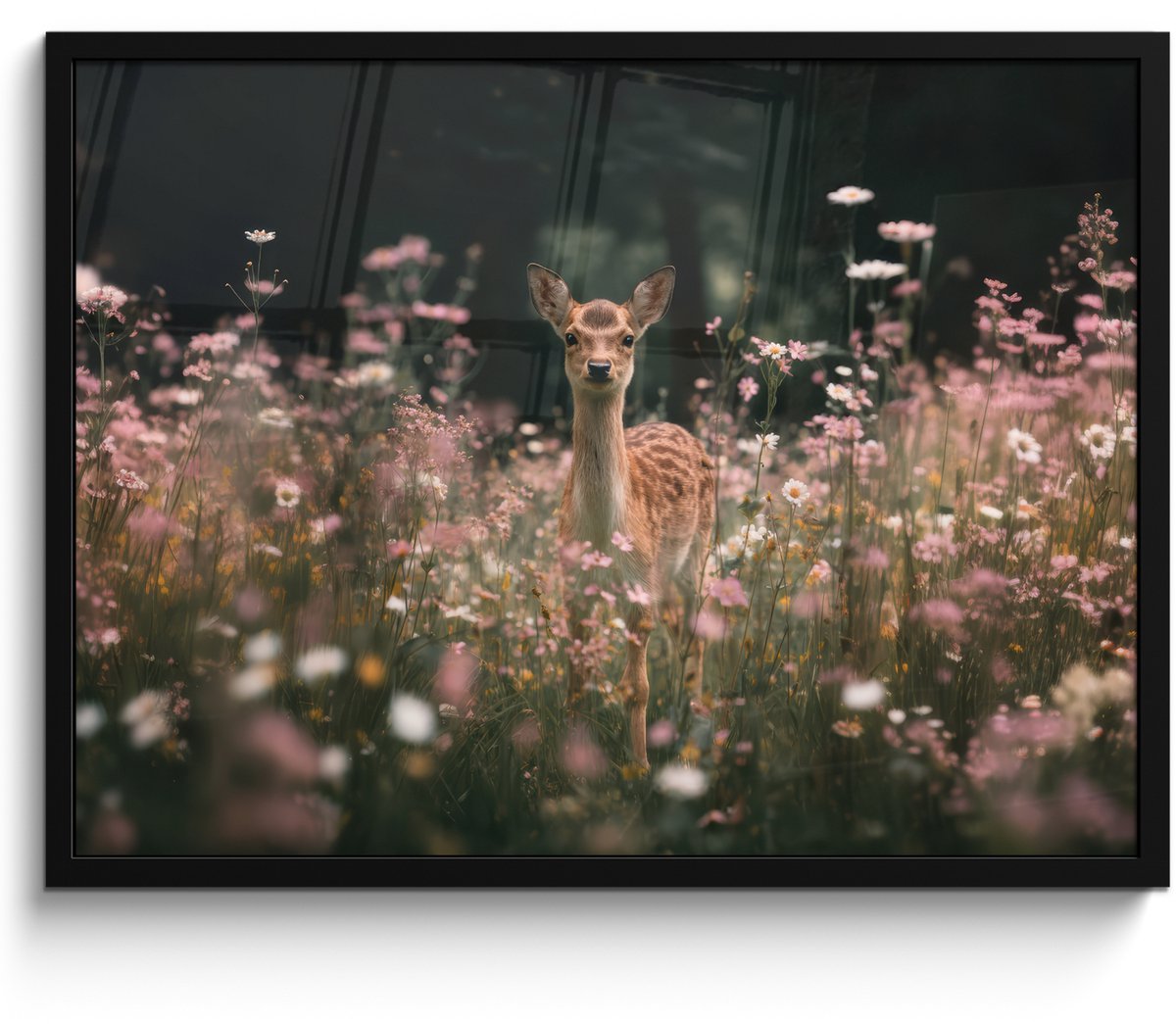 FrameYourWall Poster in lijst - Fotolijst 70x50 cm - Posters - Hert - Wilde bloemen - Bos - Posterlijst zwart - Decoratie - Wanddecoratie woonkamer - Muurdecoratie slaapkamer