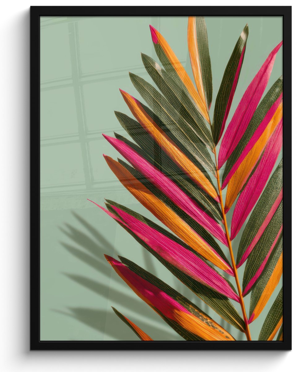 FrameYourWall Poster in lijst - Fotolijst 50x70 cm - Posters - Tak - Bladeren - Kleurrijk - Schaduw - Posterlijst zwart - Decoratie - Wanddecoratie woonkamer - Muurdecoratie slaapkamer