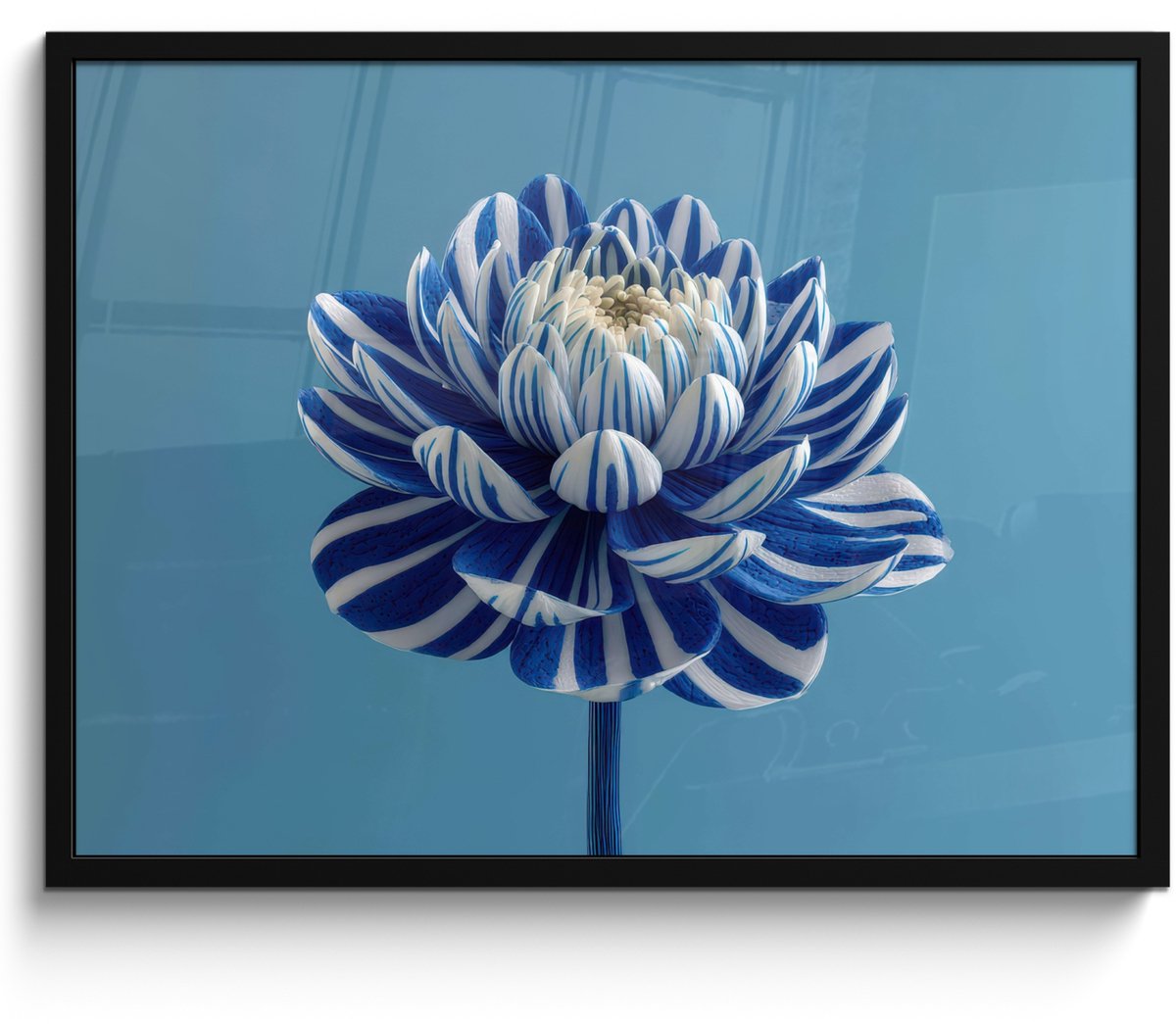 FrameYourWall Poster in lijst - Fotolijst 70x50 cm - Posters - Bloem - Blauw - Bloemblaadjes - Streepjes - Posterlijst zwart - Decoratie - Wanddecoratie woonkamer - Muurdecoratie slaapkamer